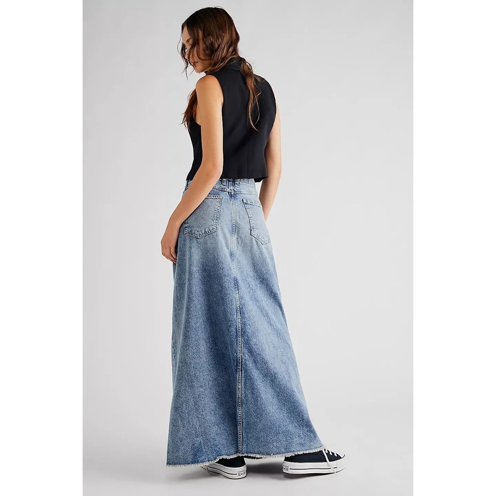 We The Free People Come As You Are Denim Jean Maxi Skirt Blue Frayed Boho 6 - Picture 4 of 16